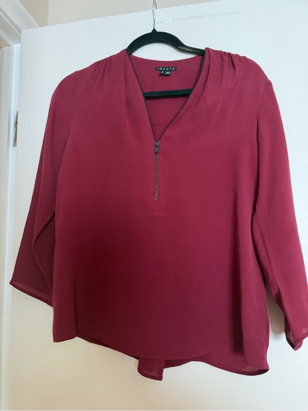 Theory Silk-Blend Zip V-Neck Burgundy Blouse in Berry